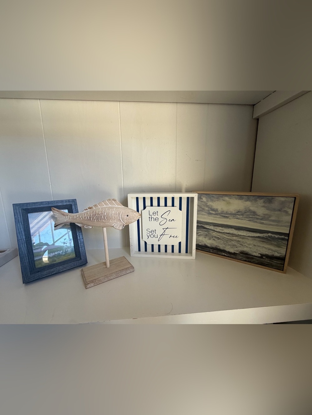Set of 4 Coastal 'Let the Sea Set You Free' Framed Wall Art - Blue & White